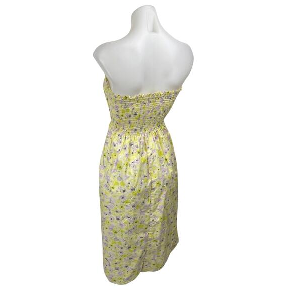H&M Yellow Floral Strapless Sleeveless Smocked Midi Bandeau Tube A-line Dress XS - Picture 2 of 4